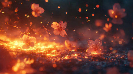 A mesmerizing scene of delicate cherry blossoms floating above glowing lava, creating a stunning contrast between beauty and intensity in a unique natural setting.の素材