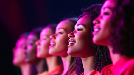 A captivating scene of a diverse group of women singing together, showcasing joy and unity. The colorful lighting enhances the emotional atmosphere of the performance.の素材