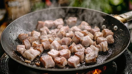 Pork chunks are sizzling in a hot pan, releasing steam and flavor. The cooking process showcases beautiful browning in a vibrant kitchen setting.の素材