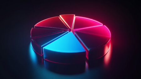 This modern pie chart features vibrant neon colors glowing against a dark background. Ideal for tech and business presentations, it captures attention with its creative design.の素材