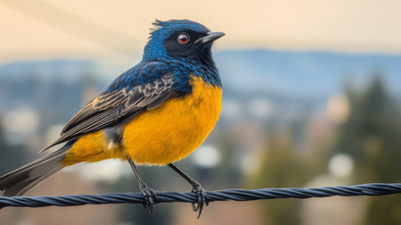 A captivating image of a vibrant bird showcasing stunning blue and yellow feathers while perched on a wire. The soft background enhances its natural beauty.の素材
