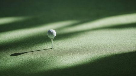 A serene image featuring a golf tee holding a white ball, set on lush green grass. Soft shadows from overhead create a calming atmosphere, ideal for golf-themed projects.の素材