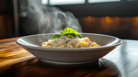 A steaming bowl of creamy pasta, elegantly garnished with fresh basil, highlights its rich flavor. Perfect for culinary enthusiasts and food lovers.の素材