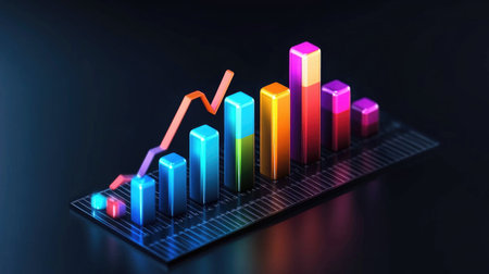 A vibrant 3D bar chart displaying fluctuating data in various colors, set against a sleek, dark background that highlights the chart's dimensionality.の素材