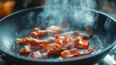 Sizzling strips of bacon cooking in a non-stick pan create a mouthwatering scene. Steam rises, enhancing the aroma, perfect for breakfast or a snack.の素材