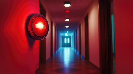 An artistic angle of a fire alarm strobe light flashing in a dimly lit corridor, creating a sense of urgency and alertness in emergency situations.の素材