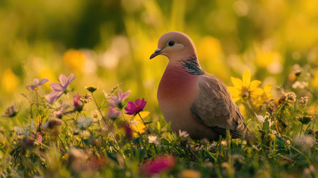 A charming view of a pair of doves foraging together in a grassy meadow, surrounded by colorful wildflowers, embodying a peaceful moment in natureの素材