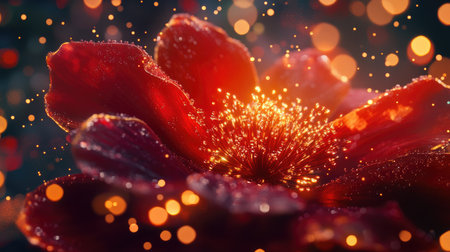 A beautiful macro shot of a flower with intricate petal details, enhanced by droplets of water that catch the light, creating a sparkling effectの素材