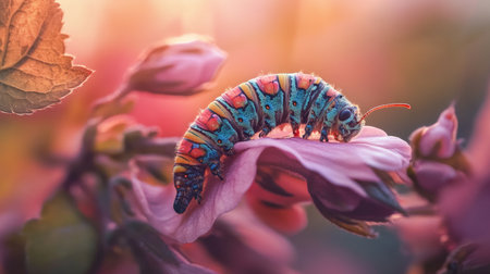 A beautiful capture of a colorful caterpillar resting on a flower petal, with soft sunlight creating a dreamy effect, emphasizing the vibrant colors of both the insect and the flowerの素材