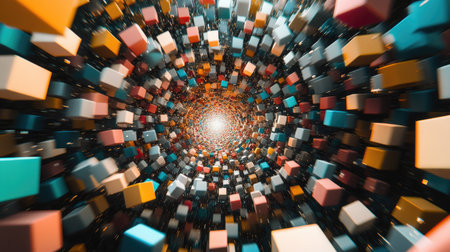 A 3D spiral of multicolored cubes, twisting and converging in the center against a black background, showcasing depth and motionの素材