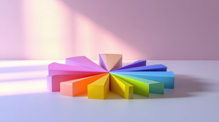 A collection of colorful 3D pie chart segments separated slightly, arranged on a smooth background to display data divisionsの素材