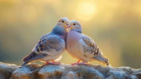 A captivating shot of two doves cuddling closely on a stone wall, with soft sunlight illuminating their feathers, creating a warm and inviting atmosphereの素材