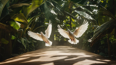 A dynamic image of a pair of doves taking off together from a garden path, their wings flapping energetically against the backdrop of lush greeneryの素材
