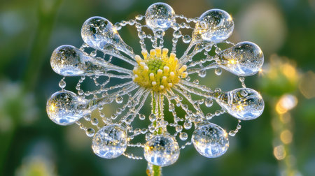 A breathtaking close-up of a flower with crystal-clear water droplets clinging to its surface, set against a softly blurred background of greeneryの素材