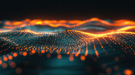A digital network of interconnected nodes and lines on a dark background, forming a futuristic graphic of data flow and connectivityの素材