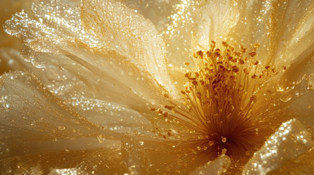 A beautiful macro shot of a flower with intricate petal details, enhanced by droplets of water that catch the light, creating a sparkling effectの素材