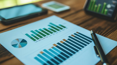 A business-oriented bar graph in dark green tones with reflective bars on a white background, capturing growth metrics in bankingの素材