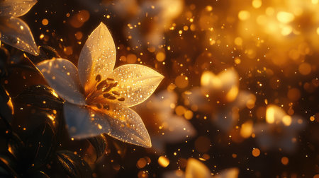 A delicate composition of flowers with droplets of water, reflecting the light and adding a touch of magic to the scene, highlighting the beauty of natureの素材