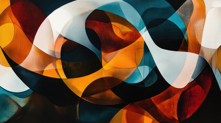 A dynamic abstract composition of overlapping translucent layers in vibrant colors, creating a sense of depth and complexity, ideal for contemporary art or design projectsの素材