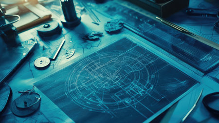 A close-up of detailed blueprints and engineering drawings spread across a desk, accompanied by tools like compasses and rulers, emphasizing design precisionの素材