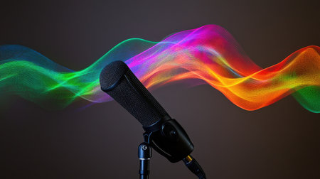 A dynamic shot of a modern microphone on a stand, with colorful sound waves visually represented in the background, symbolizing sound and musicの素材