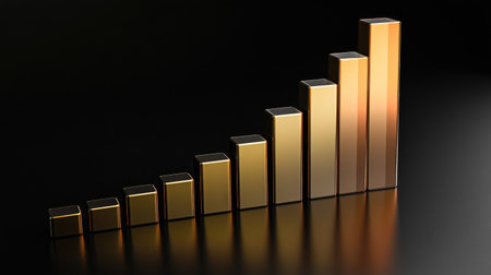 A 3D bar chart with tall bars in sleek metallic colors on a dark background, casting subtle reflections, symbolizing business growth metricsの素材