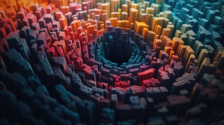 A 3D spiral of multicolored cubes, twisting and converging in the center against a black background, showcasing depth and motionの素材