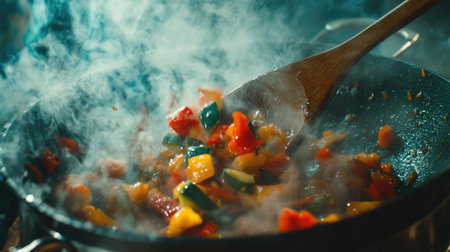 A close-up shot of a wooden spoon stirring a colorful vegetable stir-fry in a sizzling skillet, with steam rising and vibrant colors popping in the kitchenの素材