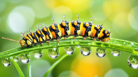 A close-up shot of a caterpillar munching on a green leaf, with droplets of water glistening on the foliage, emphasizing the connection between insects and their food sourcesの素材