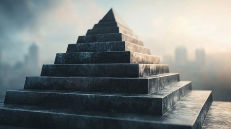A futuristic, metallic pyramid chart in gradient shades, symbolizing steps in financial strategy and banking growth hierarchyの素材