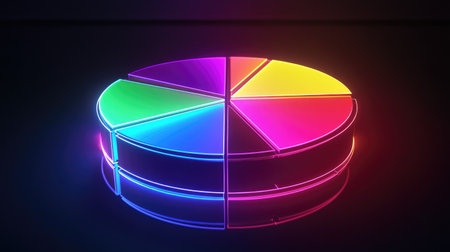A glowing pie chart with segments separated slightly, floating over a reflective surface to represent diversified financial investmentsの素材