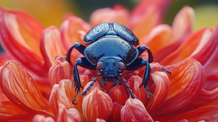 A macro photograph of a beetle on a flower, capturing the intricate details of its exoskeleton and the vibrant petals surrounding it, showcasing nature's beautyの素材