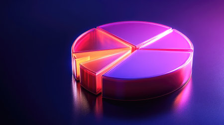 A glowing pie chart with segments separated slightly, floating over a reflective surface to represent diversified financial investmentsの素材