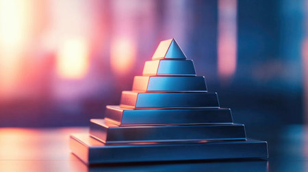 A futuristic, metallic pyramid chart in gradient shades, symbolizing steps in financial strategy and banking growth hierarchyの素材