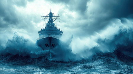 A powerful military ship sailing majestically across the ocean, with waves crashing against its hull, representing strength and resilience at seaの素材