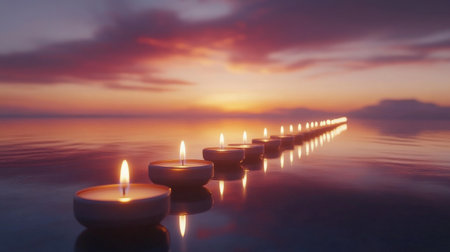 A row of tealight candles on a smooth surface, each flame reflecting softly below, creating a warm and tranquil atmosphereの素材