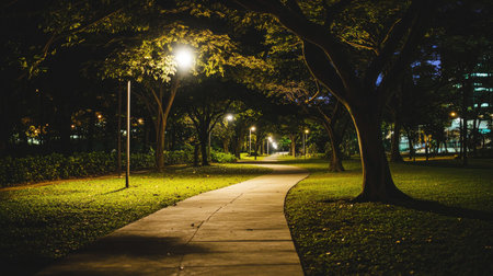 A scenic park pathway under soft lights, winding through lush greenery with silhouetted trees against a starlit sky, evoking a sense of tranquilityの素材