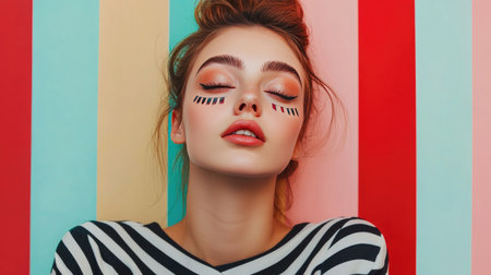 A playful shot of a woman with quirky eyebrow shapes, showcasing her unique style and personality against a colorful and lively backdropの素材