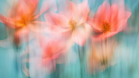 A soft-focus abstract background featuring blurred shapes and colors in shades of teal and coral, providing a dreamy and ethereal effect suitable for various artistic purposesの素材