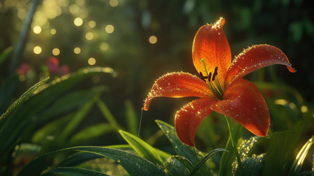 A serene image of a blooming flower adorned with sparkling dew drops, capturing the essence of a tranquil morning in a lush gardenの素材
