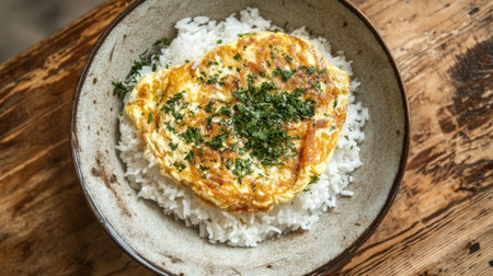 A rich, golden omelet draping over a mound of white rice, with a sprinkling of herbs, presented on a rustic wooden table for a homestyle feelの素材