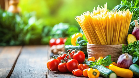An appetizing image of spaghetti primavera loaded with vibrant vegetables like bell peppers, zucchini, and cherry tomatoes, showcasing a fresh and healthy pasta optionの素材