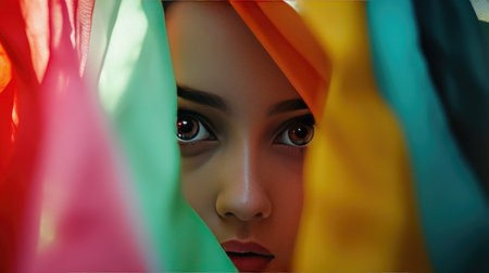 An artistic shot of eyes peeking through colorful fabric, creating a sense of mystery and intrigue, with vibrant colors enhancing the visual appealの素材