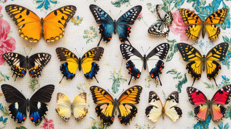 A whimsical arrangement of different butterfly specimens pinned against a soft fabric background, showcasing their vibrant colors and unique patterns for an artistic displayの素材