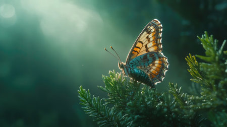 A macro shot of a butterfly emerging from its chrysalis, perched on a branch, with soft, natural light illuminating the delicate wings and surrounding greeneryの素材
