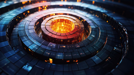 Concentric donut charts in metallic colors on a dark surface, each layer showing different banking and financial metricsの素材