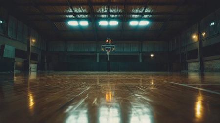 A striking view of an empty basketball court showcasing a polished wooden floor and reflections under the dramatic lighting, evoking a sense of solitude.の素材