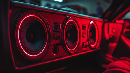 This image showcases a stylish car audio system featuring bold red lighting and sleek design elements. Perfect for illustrating modern vehicle interiors.の素材