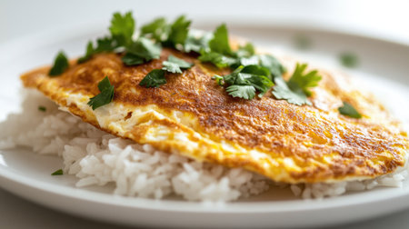Close-up of fluffy rice topped with a perfectly creamy golden omelet, with a garnish of fresh parsley on a white plate against a clean backgroundの素材