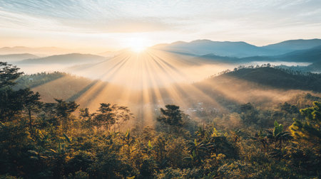 Golden light rays piercing through a thick, misty fog over a mountain valley, with the soft glow highlighting distant rolling hillsの素材